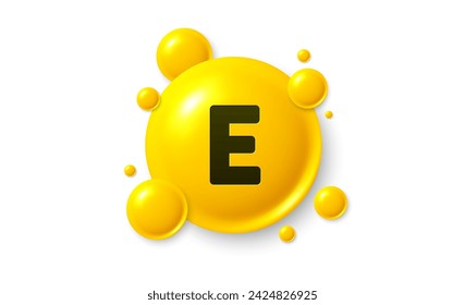 Vitamin E shining pill capsule icon. Shining golden substance drop. Meds ads. Medical nutrition for health. Pharmacy healthcare supplements. Vitamin E medicine. Vector illustration.