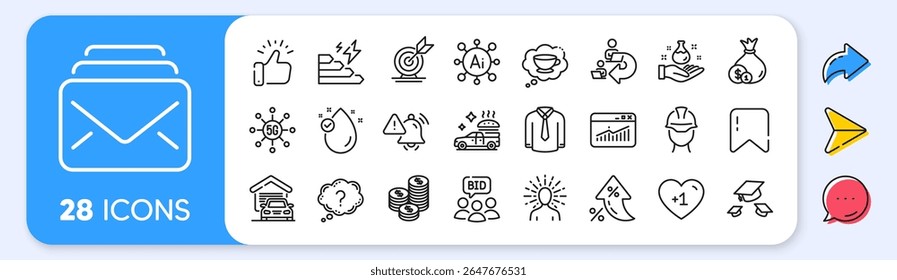 Vitamin e, Shirt and Consumption growth line icons. Interest rate, AI generate, Inflation icons. Pack of Target goal, Auction, Chemistry lab icon. Garage, Throw hats, Coins pictogram. Vector