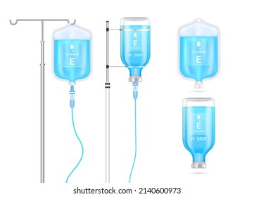 Vitamin E Solution Inside Saline Bag, Bottle And Syringe Hanging On Pole. Isolated On White Background Vector. Serum Collagen Vitamins IV Drip And Minerals Blue For Health. Medical Aesthetic Concept.