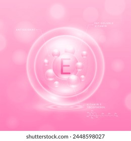 Vitamin E solution pink and chemical structure of tocopherol. Fat-soluble vitamins. Collagen serum hyaluronic acid moisturizer with antioxidants for brighter skin. Cosmetic beauty nutrition. Vector.