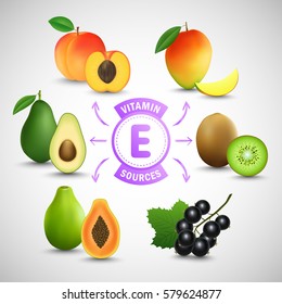 Vitamin E sources. Fruits with vitamin E. Peach, mango, black currant, papaya, avocado