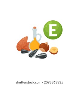 Vitamin E sources - oil, almond, sunflower seeds and hazelnut, flat vector illustration isolated on white background. Concept of healthy food eating and dietary supplements.