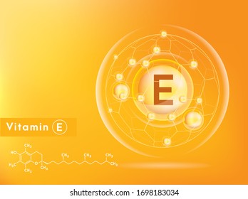 Vitamin E and structure. Medicine capsule, Golden substance. 3D Vitamin complex with chemical formula. Personal care and beauty concept. Vector Illustration