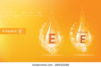 Vitamin E and structure. Medicine capsule, Golden substance. 3D Vitamin complex with chemical formula. Personal care and beauty concept. Vector Illustration