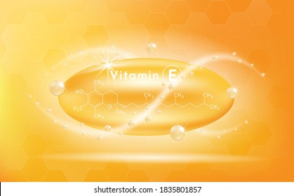 Vitamin E and structure. Medicine capsule, Golden substance. 3D Vitamin complex with chemical formula. Personal care and beauty concept. Vector Illustration