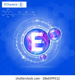 Vitamin E and structure. Medicine capsule, substance. 3D Vitamin complex with chemical formula. Personal care and beauty concept. Vector Illustration