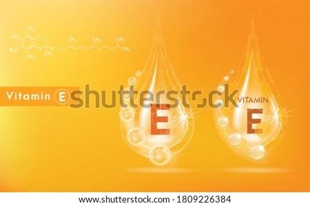 Vitamin E and structure. Medicine capsule, Golden substance. 3D Vitamin complex with chemical formula. Personal care and beauty concept. Vector Illustration