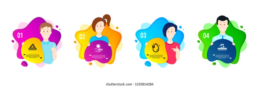 Vitamin e, Sun protection and Skin care icons simple set. People shapes timeline. Uv protection sign. Oil drop, Ultraviolet care, Face cream. Skin cream. Beauty set. Dynamic shape offer. Vector