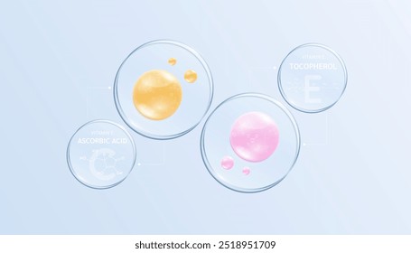 Vitamina E Tocoferol e Vitamina C Solução de ácido ascórbico em disco circular transparente de vidro e fórmula de estrutura química. Rosto de cuidados da pele do soro para anúncios de cosméticos. Ciências da beleza médica. Vetor.