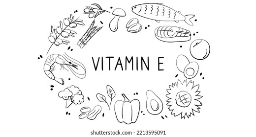 Vitamina E tocoferol. Grupos de productos saludables que contienen vitaminas. Conjunto de frutas, verduras, carnes, pescados y productos lácteos.