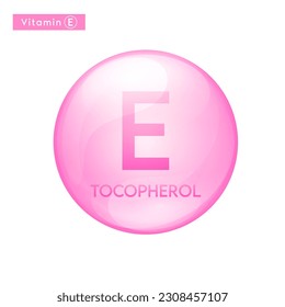 Vitamin E (Tocopherol) pink icon 3D. Essential multivitamin supplement. Beauty nutrition skincare. Pill capsule vitamins complex. For cosmetic product design. Medical concept. Vector.