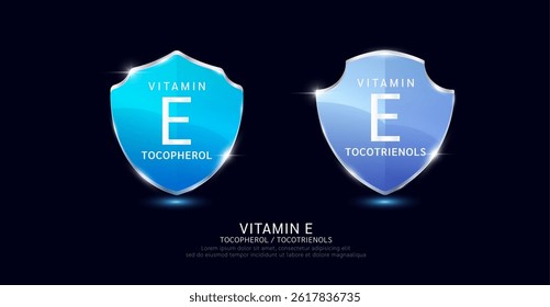 Tocotrienóis de vitamina E tocoferol em estrutura de alumínio escudo de vidro translúcido brilhante 3D moderno isolado em fundo escuro. Para produtos de design suplemento dietético. Proteção da saúde. Vetor.