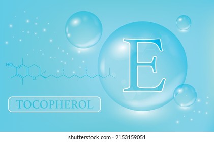 Vitamin E, Tocopherol, water drops, capsule on a blue gradient background. Vitamin complex with chemical formula. Information medical poster. Vector illustration