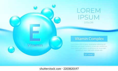 Vitamin E Vector Banner In 3d Style. Blue Pill Capsule Icon. Vitamin Complex Advertisement. Skincare And Health Concept EPS10