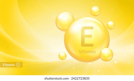 Banner vectorial de vitamina E con burbujas de gota. Afiche médico del complejo de vitamina E. Salud y belleza. Complementos nutricionales