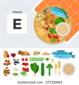 Vitamin E vector flat illustrations. Foods containing vitamin E on the table. Source of vitamin E: nuts, corn, cucumber, fish, flakes isolated on white background