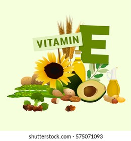 Vitamin E vector illustration. Foods containing vitamin E with a letter E. Source of vitamin E - nuts, corn, vegetables, fish, oils isolated on light beige background