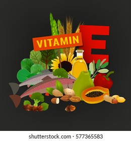 Vitamin E vector illustration. Foods containing vitamin E with a letter E. Source of vitamin E - nuts, corn, vegetables, fish, oils isolated on dark grey background