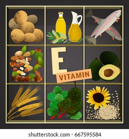 Vitamin E vector illustration. Foods containing vitamin E on a dark grey background. Source of vitamin E - nuts, corn, vegetables, fish, oils. Medical, healthcare and dietary creative concept.