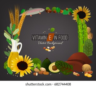 Vitamin E vector illustration. Foods containing vitamin E on a dark grey background. Source of vitamin E - nuts, corn, vegetables, fish, oils. Medical, healthcare and dietary creative concept.
