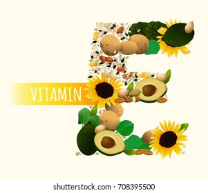 Vitamin E vector illustration. Foods containing vitamin E in a shape of letter E. Source of vitamin E nuts, cgreens, vegetables isolated on the light background