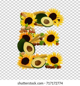 Vitamin E vector illustration. Foods containing vitamin E in a shape of letter E. Source of vitamin E - nuts, corn, vegetables isolated on a transparent background