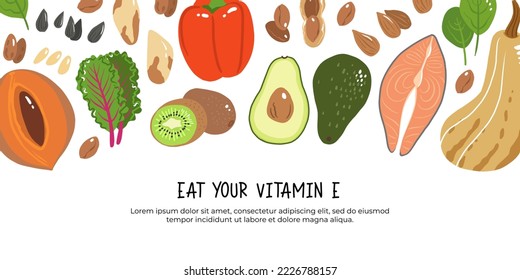 Vitamin e vector stock illustration. Food products with a high content of the tocopherol. kiwi, mamey sapote, swiss chard, red sweet pepper, avocado, butternut squash, brazil nuts, peanuts, salmon