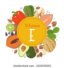 Vitamin e vector stock illustration. Food products with a high content of the tocopherol. kiwi, mamey sapote, swiss chard, red sweet pepper, avocado, butternut squash, brazil nuts, peanuts, salmon