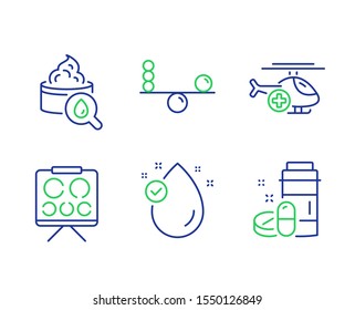 Vitamin e, Vision board and Balance line icons set. Medical helicopter, Moisturizing cream and Medical drugs signs. Oil drop, Eye check, Concentration. Sky transport. Healthcare set. Vector