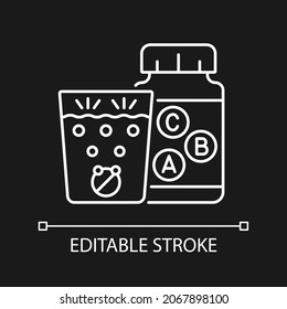 Vitamin effervescents white linear icon for dark theme. Water dissolving tablets for digestion. Thin line customizable illustration. Isolated vector contour symbol for night mode. Editable stroke