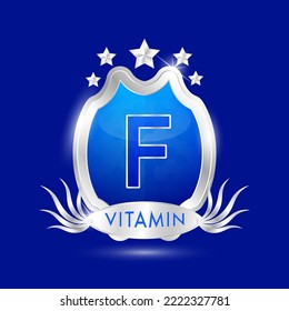 Vitamin F in blue glass shield transparent. Protection body stay healthy. For nutrition products food. Shield aluminum ang star label sticker icon 3d isolated realistic. Vector illustrator.