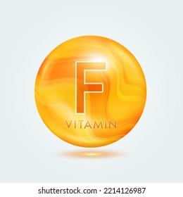 Cápsula de vitamina F naranja dorada. Cuidado de la piel con nutrición de belleza. Complejo de vitaminas aislado de fondo gris. Para el diseño de productos. Conceptos médicos y científicos. EPS10 vectores 3D de icono.