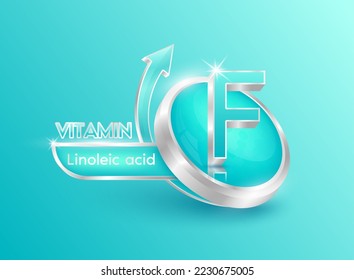 Vitamin F in circle shape blue with arrow. Used for designing dietary supplements or beauty products. Medical concepts. Isolated 3d icon. Vector EPS10 illustration.