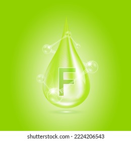 Vitamin F collagen serum water drop isolated on dark background. Solution complex green with molecule oxygen bubbles surround. Beauty skincare cosmetics. Medical concepts. 3D Realistic Vector.