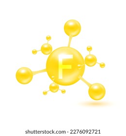 Vitamina F en forma de moléculas de átomos de brillo amarillo. Icono 3D aislado en fondo blanco. Complejo de vitaminas minerales. Concepto médico y científico. Ilustración del vector EPS10.