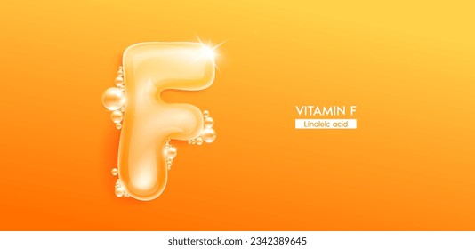 Vitamin F in form water character letter bubble collagen serum. Font type uppercase orange. Solution vitamins complex skin care for cosmetics ads design. Medical concepts beauty nutrition. 3D Vector.