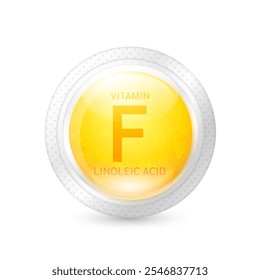Vitamin F or Linoleic Acid in capsule transparent plastic on white background. Yellow pill from fresh fruits rich in vitamins minerals. Natural alternative supplements. Vector 3D.