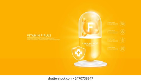 Vitamina F plus o ácido linoleico en cápsula naranja con escudo cruzado en el podio. Colágeno antibiótico y minerales esenciales para la salud. Para anuncios de suplementos dietéticos y farmacia médica de belleza. Vector.