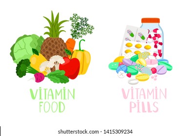 Vitamin food and pills. Vegetables and fruits with micronutrients and healthy food supplements and diet medicine tablets vector illustration