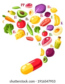 Vitamin food sources illustration. Healthy eating and healthcare concept.
