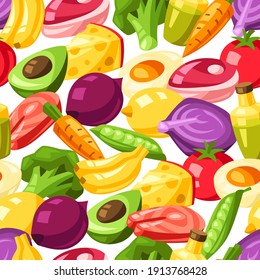 Vitamin-Nahrungsquellen nahtlose Muster. Gesunde Ernährung und Hintergrund des Gesundheitswesens.
