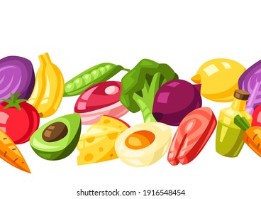 Vitamin food sources seamless pattern. Healthy eating and healthcare background.