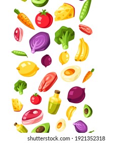 Vitamin food sources seamless pattern. Healthy eating and healthcare background.