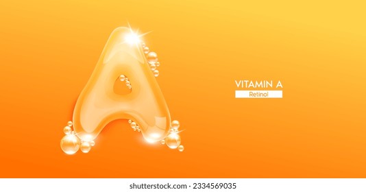 Vitamina A en forma de letra de agua burbuja suero de colágeno. Tipo de letra naranja mayúscula. Solución vitaminas complejas cuidado de la piel para el diseño de anuncios cosméticos. Conceptos médicos belleza nutrición. Vector 3D.