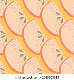 Patrón sin fisuras de fruta de la vitamina con ornamento de rodajas de manzana. Frutos rosas garabatos con fondo naranja. Diseño gráfico para envolver texturas de papel y tela. Ilustración vectorial.