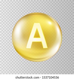Vitamin A gold bubble capcule isolated on transparent background. Golden oil ball icon. Vector realistic vitamin pill with retinol serum, beta carotene. 
