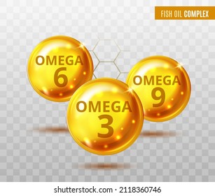 Vitamin Gold fish oil drop omega 3, omega 6, omega 9 Fatty Acids gold shining pill capsule icon . Vitamin complex with Chemical formula Dietary supplement. Meds for health ads. Vector