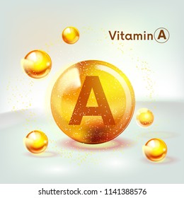 Vitamin A gold shining icon. Ascorbic acid. Shining golden substance drop. Nutrition skin care. Vector illustration.