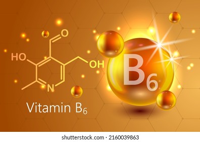 Vitamin gold shining pill capsule icon. Nutrition sign vector concept. The power of vitamin B6. Chemical formula. Pyridoxine vitamin drop pill capsule. Shining golden essence droplet. Beauty treatment