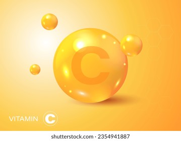 Icono de la cápsula de la píldora brillante de oro de vitamina. Ácido ascórbico. Una brillante gota de sustancia dorada. Medicamentos para anuncios de salud. Tratamiento de la gripe fría. Píldora lumínica de oro de vitamina C. Complejo de vitamina. Vitamina C